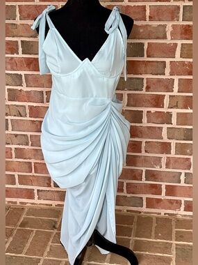 NWT PrettyLittleThing Light Blue Underwire Draped Midi Dress US 10 Wedding Guest